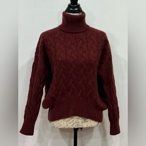 Massimo Dutti XS Wool Cashmere Burgundy Turtleneck Chunky Oversized Knit Sweater
